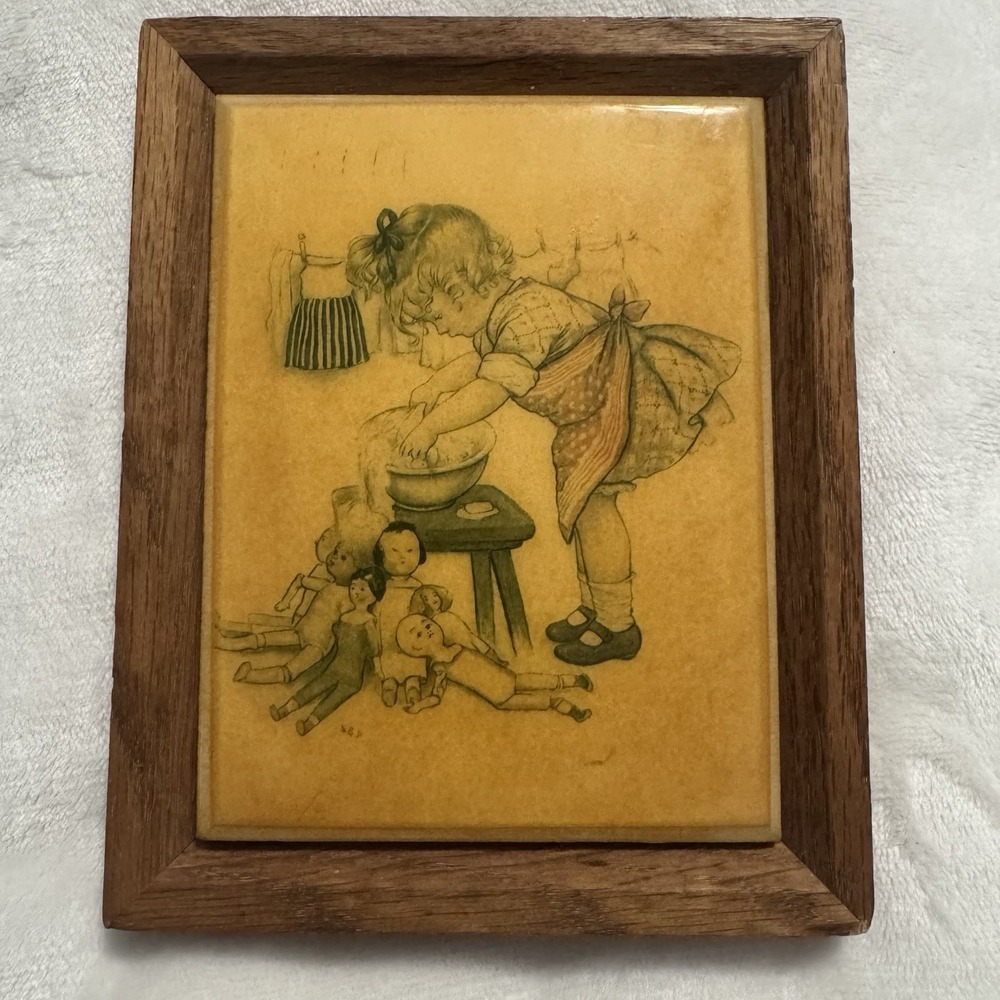 Vintage 1982 Kimberly Tile Plaque Girl Washing Dolls Wood Frame Nursery